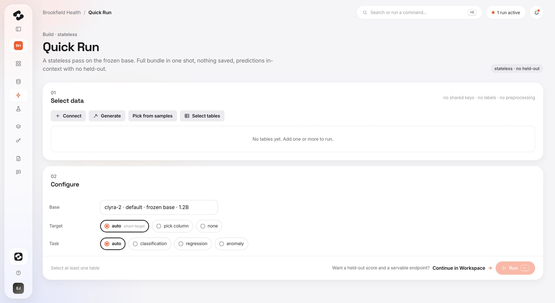 Quick run · sidebar collapsed